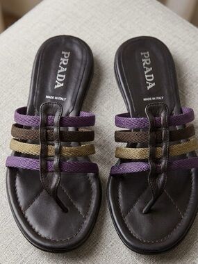 Vintage Prada Black Leather Multistrap Slide Sandals Purple and Gold Rope Straps